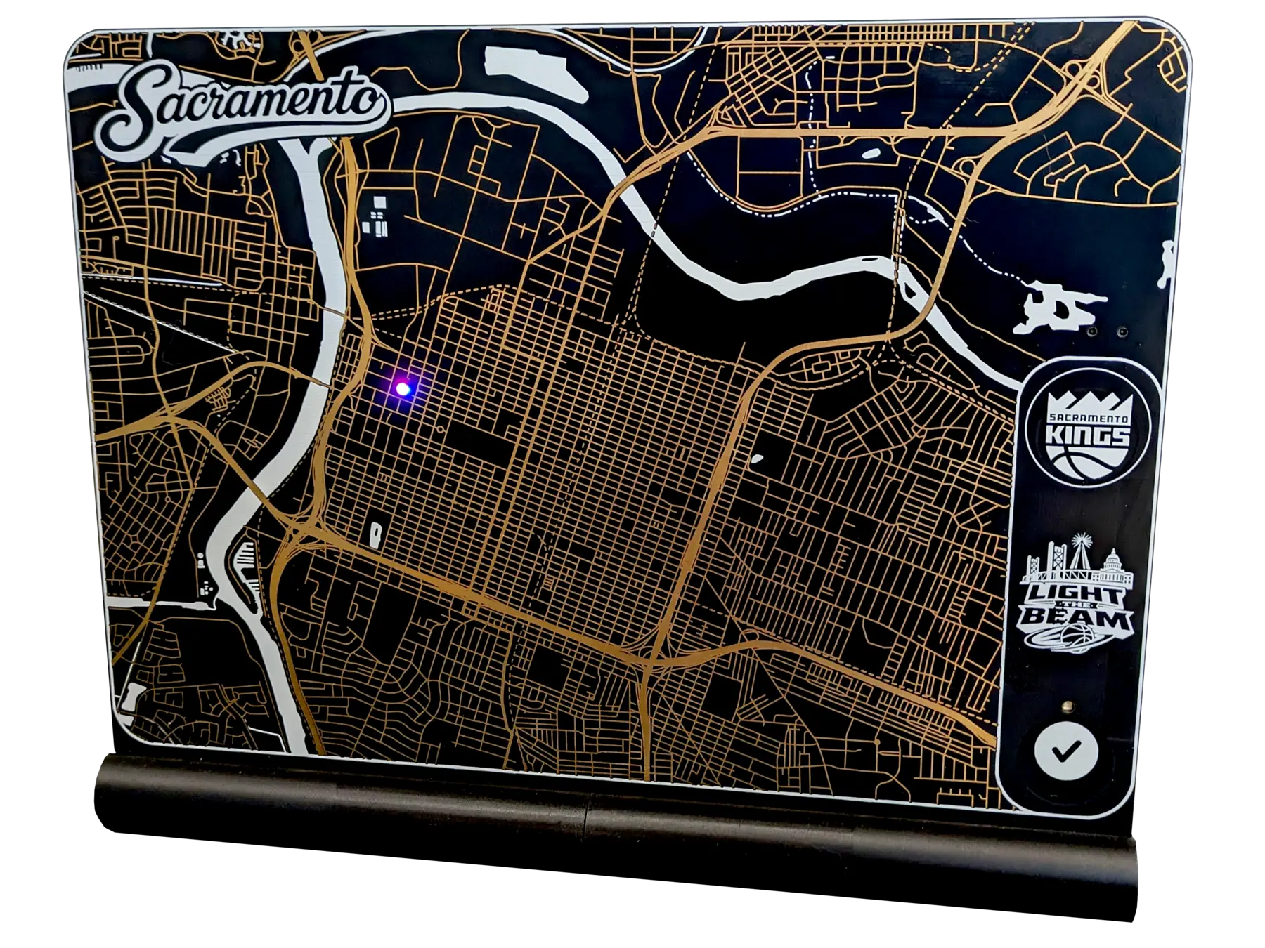 SacMap — a Sacramento map rendered in gold PCB traces on a black board, with a purple LED lit at the Golden 1 Center to celebrate a Kings win