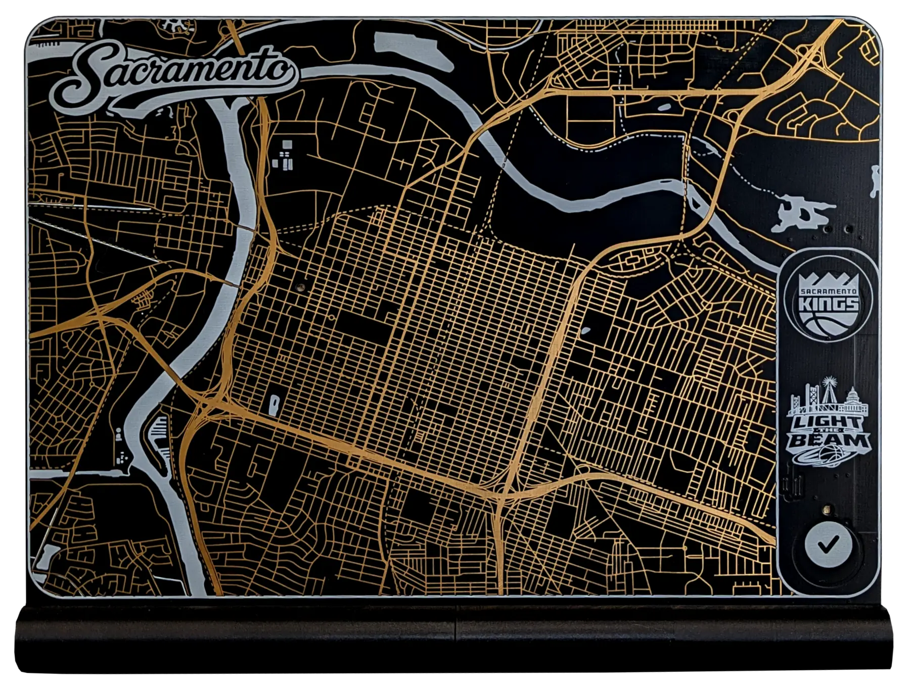 SacMap — head-on view of the Sacramento map PCB with gold map traces, Kings and Light the Beam branding