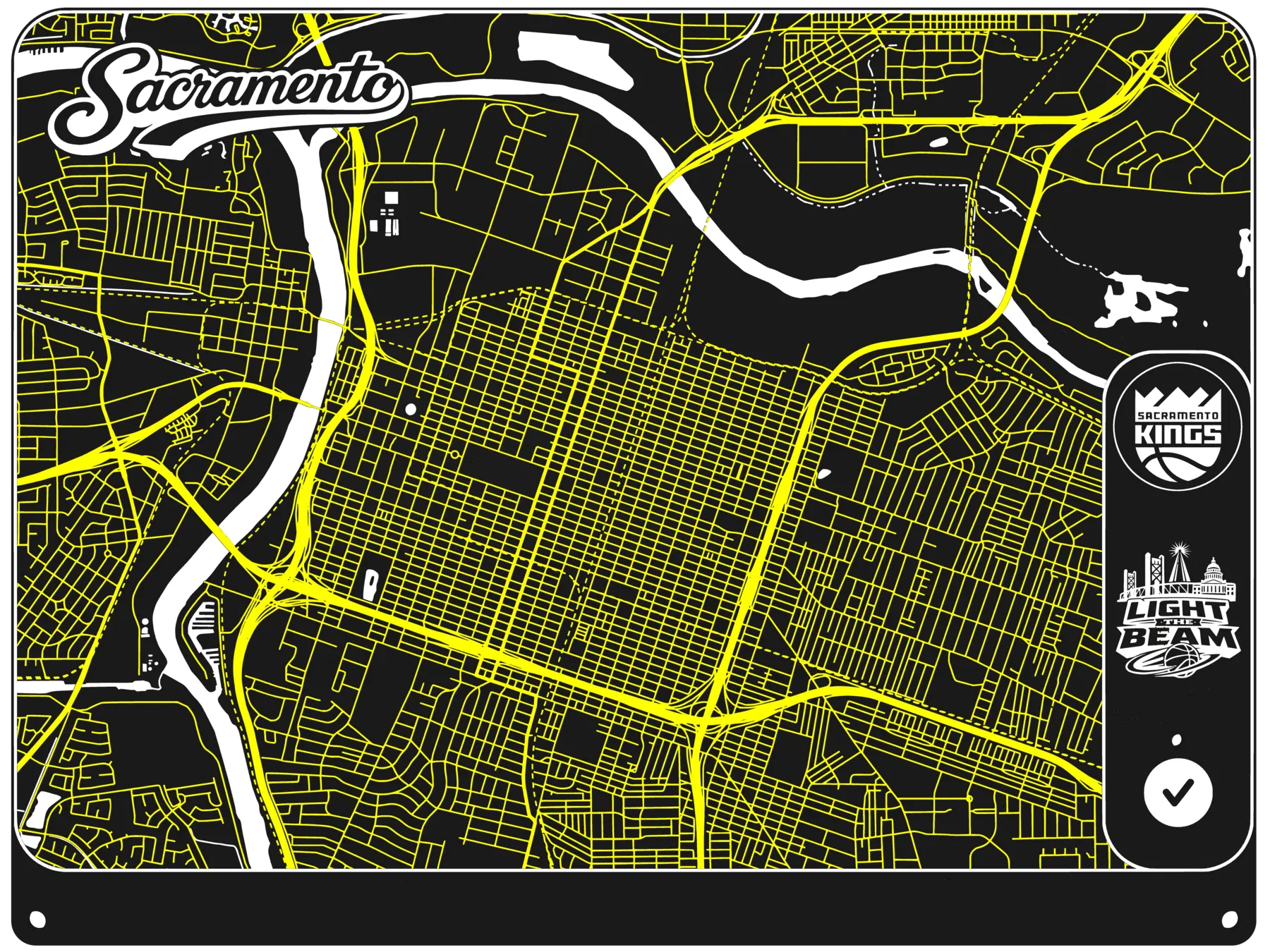Top-down render of the SacMap rev2 PCB showing the Sacramento street map in gold traces with Kings and Light the Beam branding